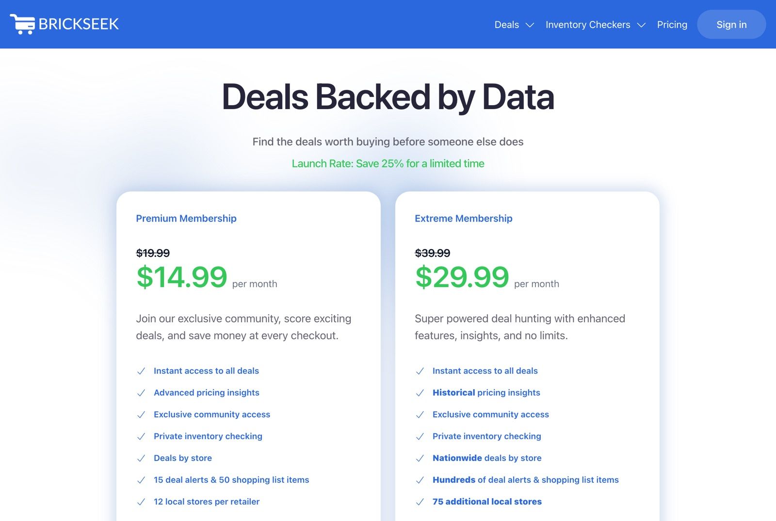 BrickSeek pricing page showing Premium Membership at $14.99 per month and Extreme Membership at $29.99 per month