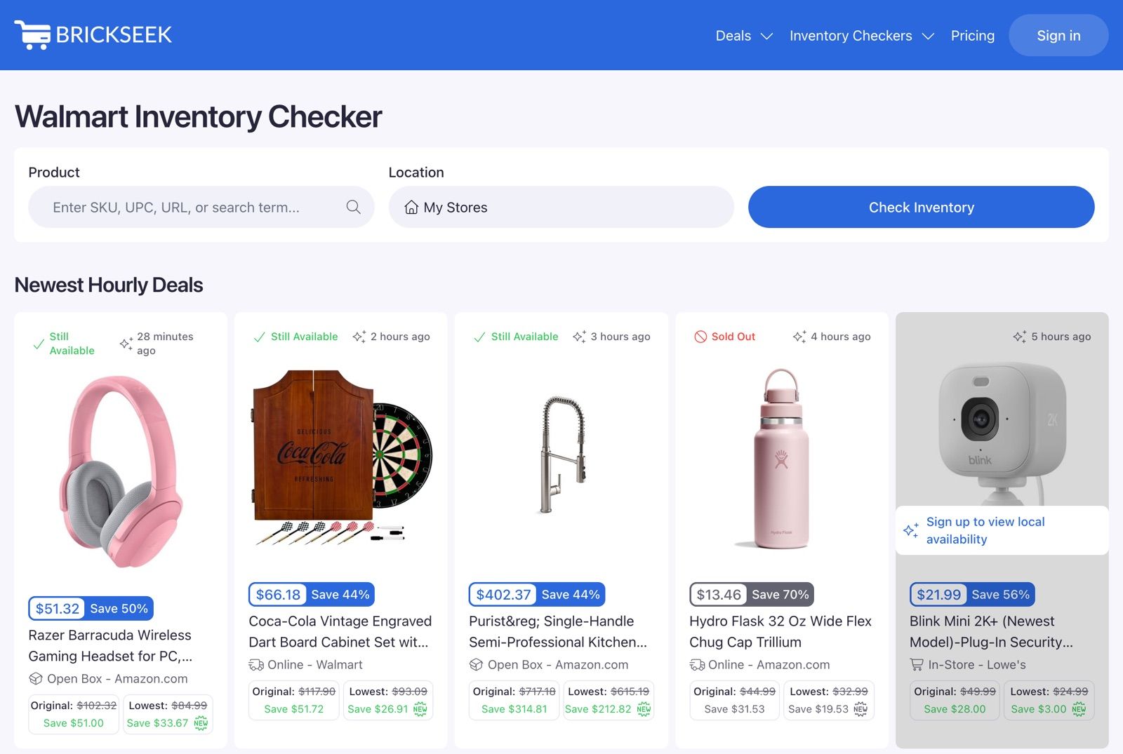 BrickSeek Walmart Inventory Checker showing hourly deal cards, one greyed out with a sign up to view local availability prompt